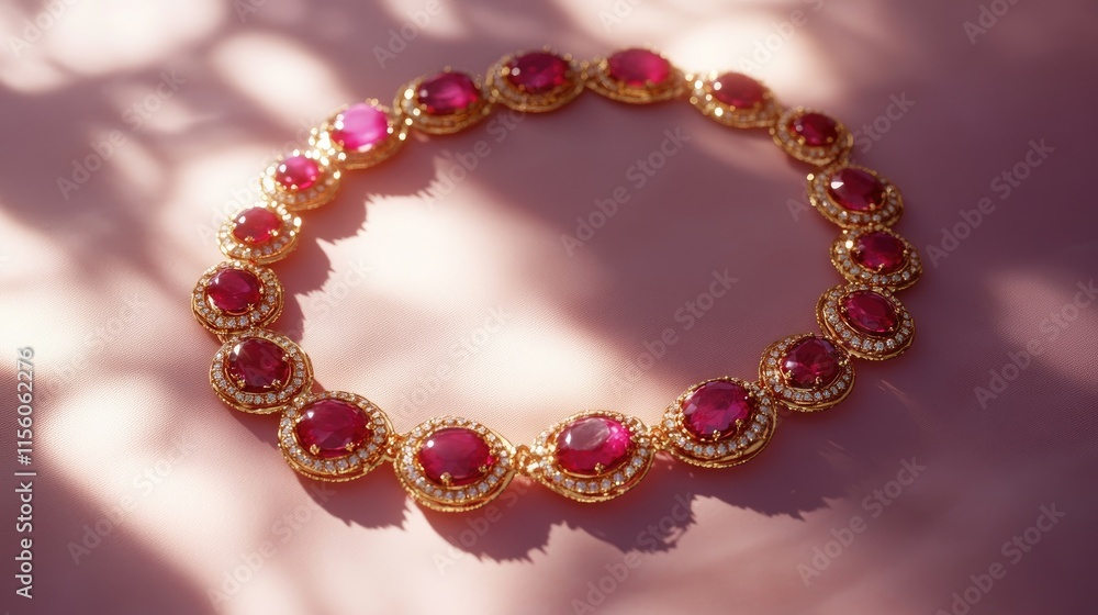 Fototapeta premium Elegant Gold Necklace with Red Gemstones and Sparkling Details