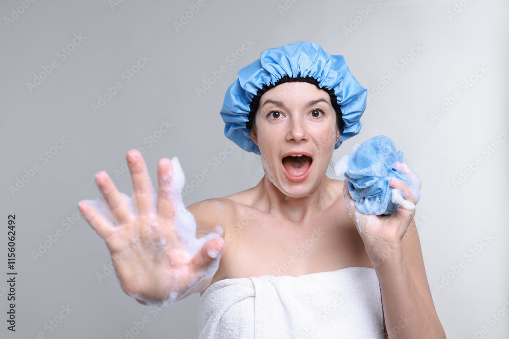 Emotional woman with shower cap and mesh sponge making stop gesture on grey background Emotional woman with shower cap and mesh sponge making stop gesture on grey background