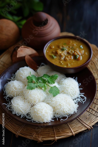 Freshly Steamed Idiyappam with Vegetable Kurma, Styled in a Traditional South Indian Setting photo