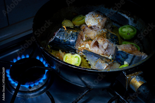 Wallpaper Mural Fried mackerel, baked mackerel in a pan with green tomatoes and spices, banner, menu recipe of a Japanese dish. Torontodigital.ca