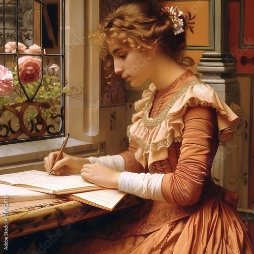 A serene scene of a Victorian-era woman writing a letter by a window, surrounded by soft sunlight and elegant decor.