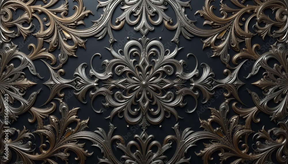 An ornate abstract pattern with interwoven metallic threads in silver, gold, and bronze, forming intricate, flowing shapes on a deep charcoal background, with a polished, luxurious finish. An ornate abstract pattern with interwoven metallic threads in silver, gold, and bronze, forming intricate, flowing shapes on a deep charcoal background, with a polished, luxurious finish.