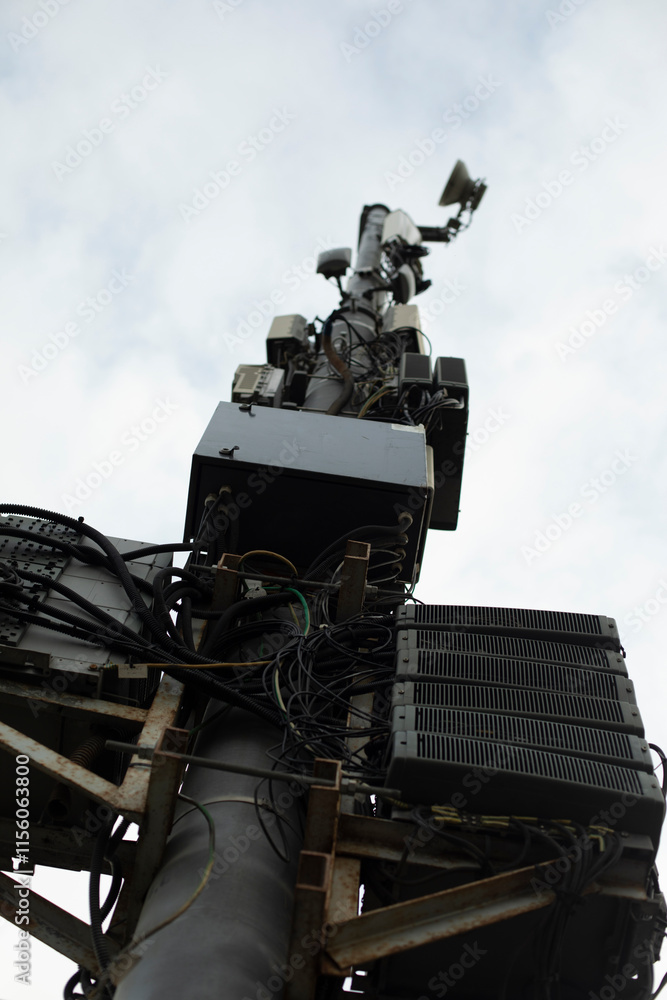 Equipment on the pole. Wire network. Signal Transmitter. Equipment on the pole. Wire network. Signal Transmitter.