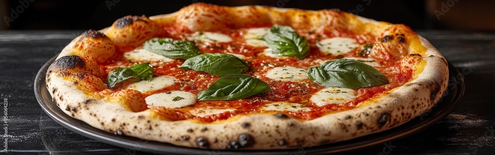 Authentic Neapolitan Pizza with Basil on Rustic Table Setting Authentic Neapolitan Pizza with Basil on Rustic Table Setting