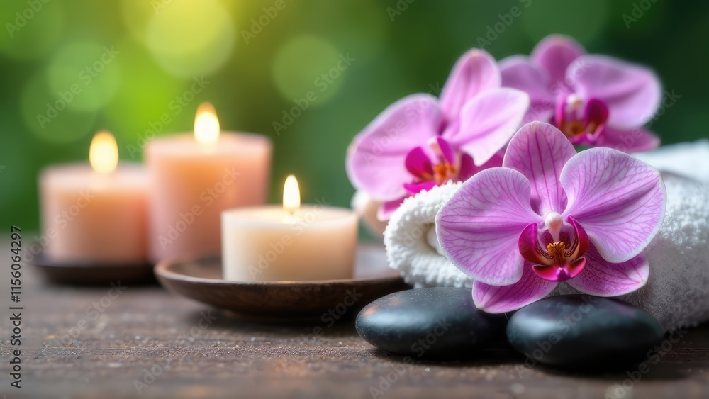 Pink orchids, smooth black stones, a rolled white towel, and lit candles create a spa-like setting. Concept of: Relaxation and wellness. Pink orchids, smooth black stones, a rolled white towel, and lit candles create a spa-like setting. Concept of: Relaxation and wellness.