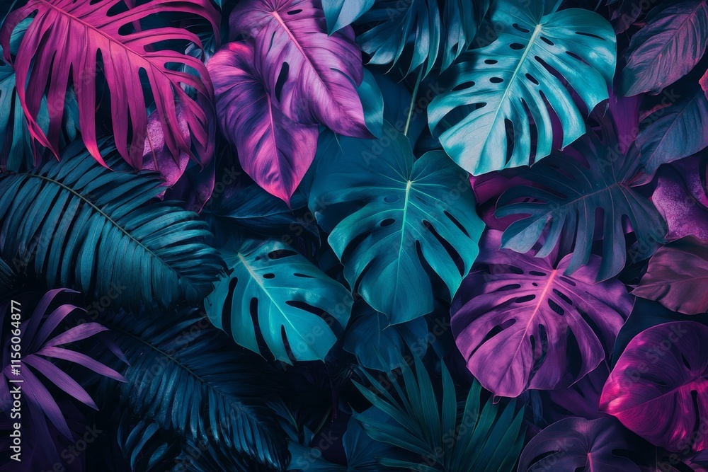 Vivid tropical leaves in teal, purple, and pink hues. Vivid tropical leaves in teal, purple, and pink hues.