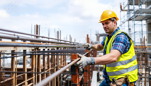 A construction worker wearing a yellow hard hat and safety vest is working on a building site, handling steel rebar. The background shows scaffolding and other construction activities.