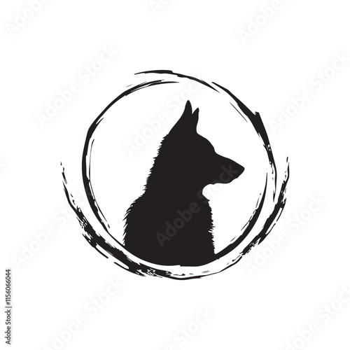 A black silhouette of a german shepherd dog’s head logo, surrounded by a circle. A white background. Silhouette. photo