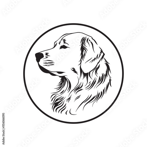 A logo of a golden retriever’s head in a circle. Black and white and has a simple, clear design.