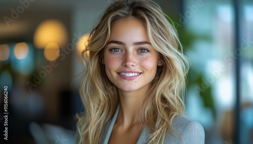 A woman with flowing hair smiles warmly while standing in a contemporary, well-lit space