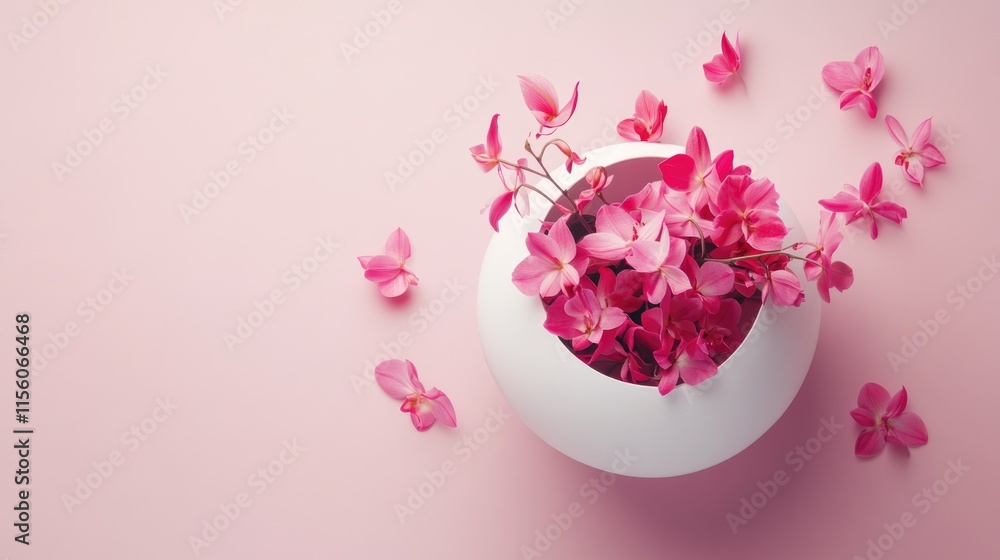 Elegant Pink Orchids in White Bowl on Soft Pink Background Elegant Pink Orchids in White Bowl on Soft Pink Background