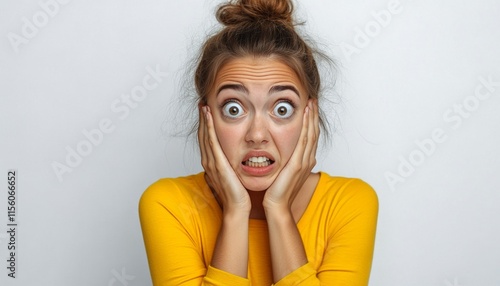 Young woman with wide eyes shows surprise, holding her face in astonishment