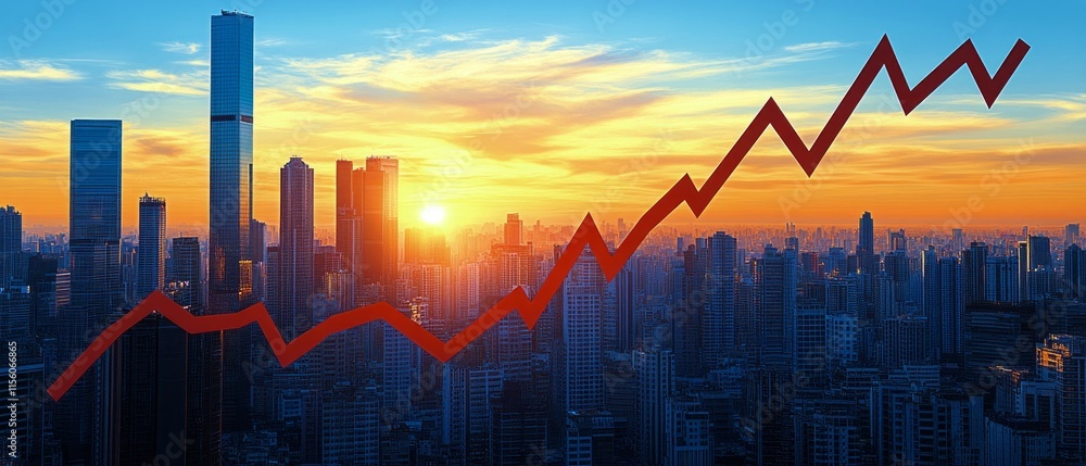 Naklejka premium Skyline view at sunset with buildings and a red graph showing upward trend indicating progress