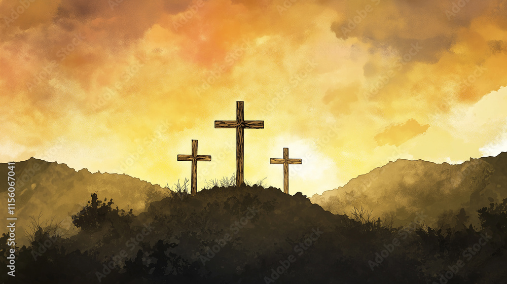 Sun set behind hill wooden cross silhouetted against sky paintt in vibrant colors, symbolize sacrifice of Jesus Christian faith, promise Easter hope horizon. Watercolor soft monotone. Sun set behind hill wooden cross silhouetted against sky paintt in vibrant colors, symbolize sacrifice of Jesus Christian faith, promise Easter hope horizon. Watercolor soft monotone.