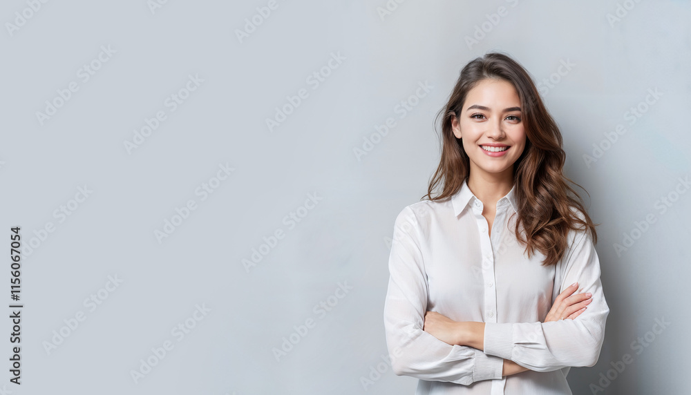 Happy young business woman posing isolated over grey wall background Happy young business woman posing isolated over grey wall background