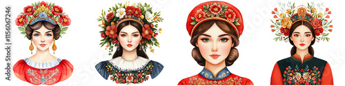 National Dress Day and elegance tradition, Four women in traditional attire, each adorned with floral headdresses, showcasing diverse cultural styles and facial expressions.