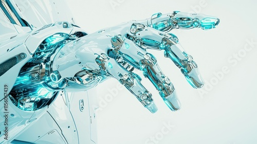 Close-up of a futuristic robotic hand with glowing blue joints, extending fingers. photo