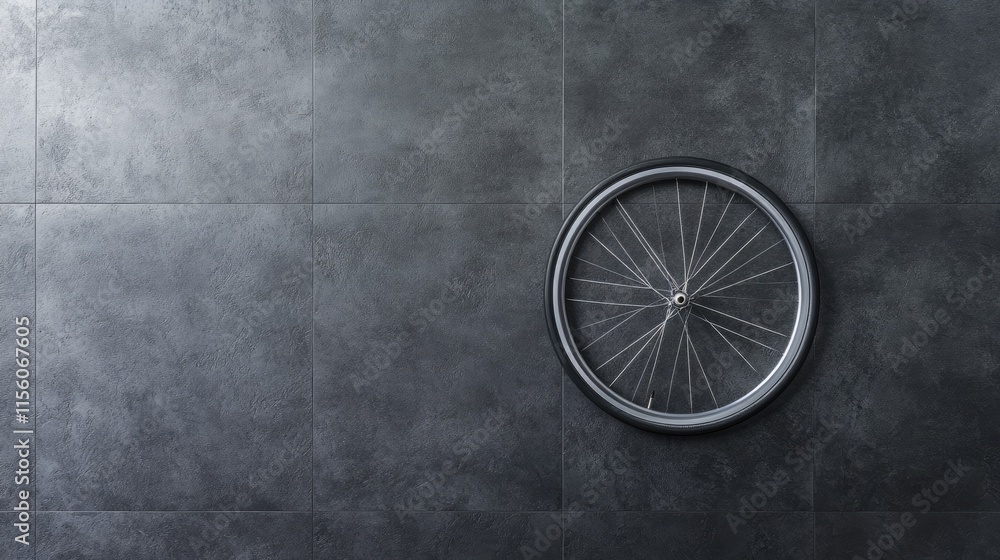 Bicycle Wheel Mounted on Dark Textured Wall in Minimalist Style Bicycle Wheel Mounted on Dark Textured Wall in Minimalist Style