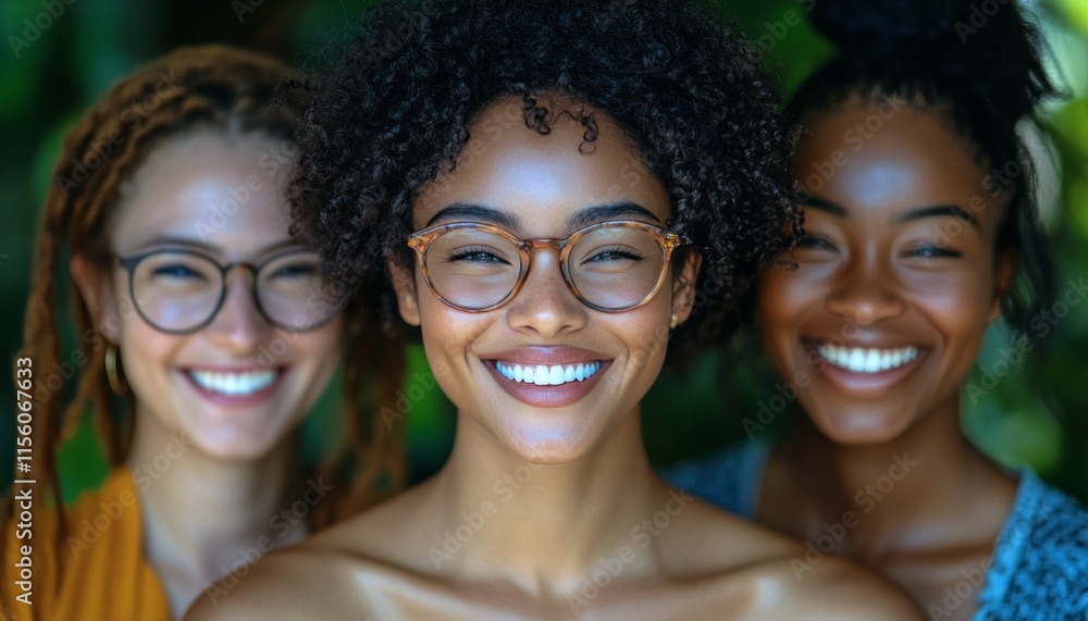 Three women with glasses smile joyfully in a lush outdoor setting under natural light Three women with glasses smile joyfully in a lush outdoor setting under natural light