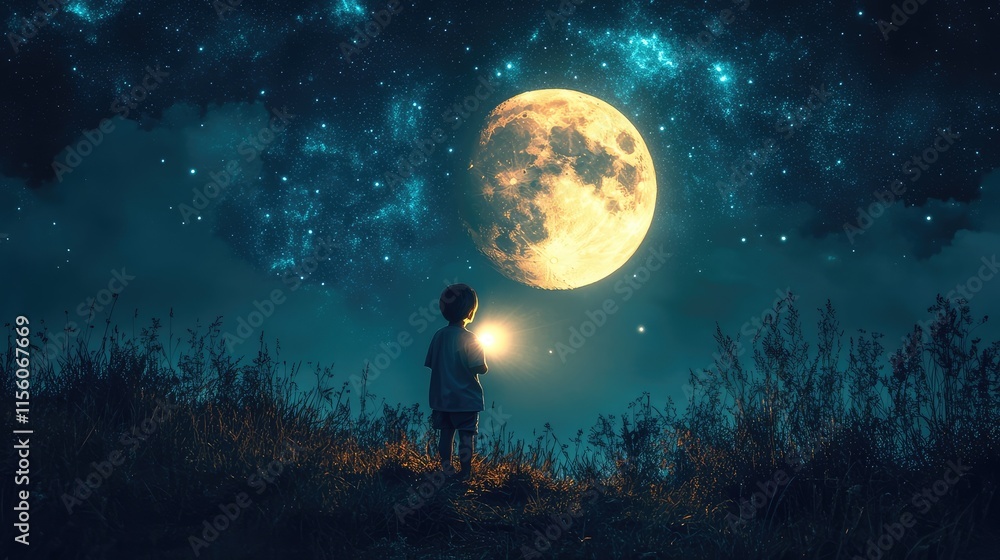 Boy with Flashlight Illuminates the Moon Boy with Flashlight Illuminates the Moon