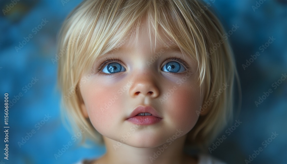 A young child gazes curiously with bright blue eyes and soft blonde hair, radiating innocence A young child gazes curiously with bright blue eyes and soft blonde hair, radiating innocence