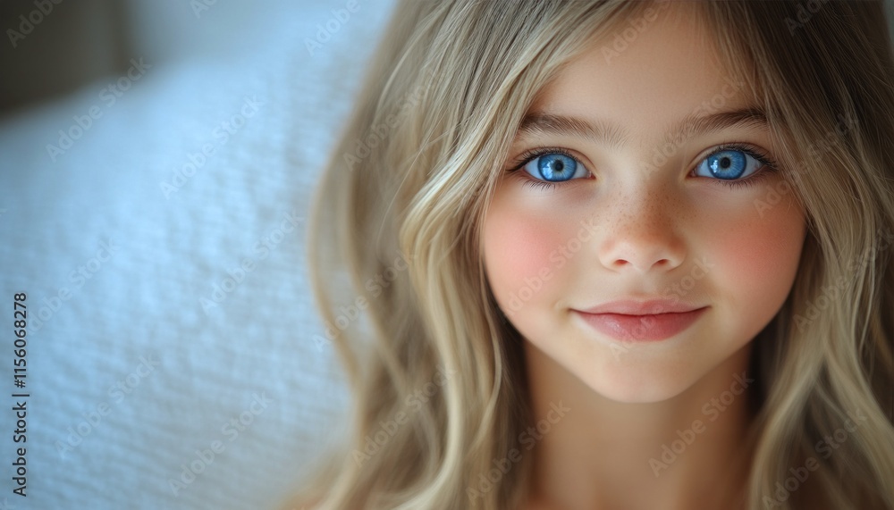 Child with blue eyes and wavy hair smiles warmly, showcasing innocence and charm Child with blue eyes and wavy hair smiles warmly, showcasing innocence and charm