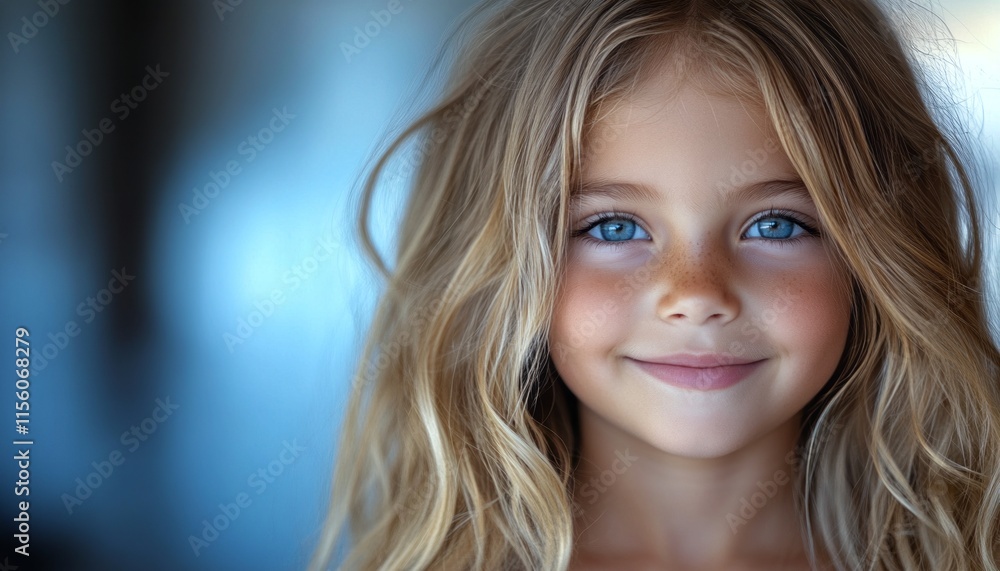 A young girl with blonde hair and blue eyes smiles happily in a bright room A young girl with blonde hair and blue eyes smiles happily in a bright room