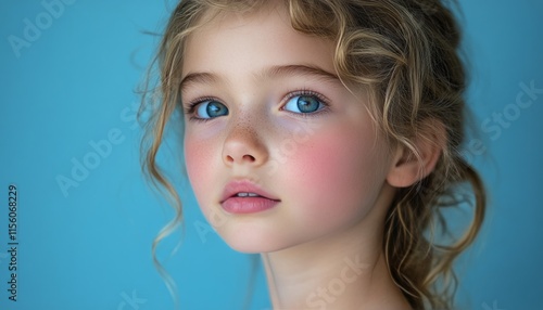 Young girl with curly hair and bright blue eyes expresses curiosity and innocence photo