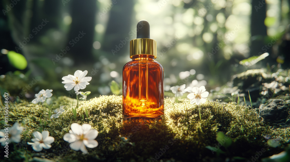 Amber glass bottle of essential oil in a lush forest setting. Amber glass bottle of essential oil in a lush forest setting.