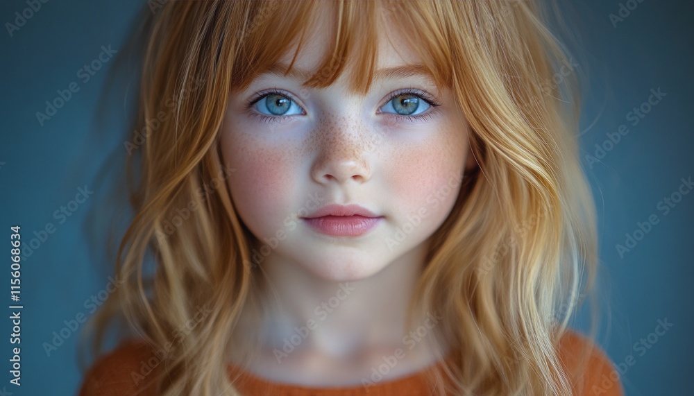 A child with bright red hair and blue eyes gazes calmly at the viewer A child with bright red hair and blue eyes gazes calmly at the viewer