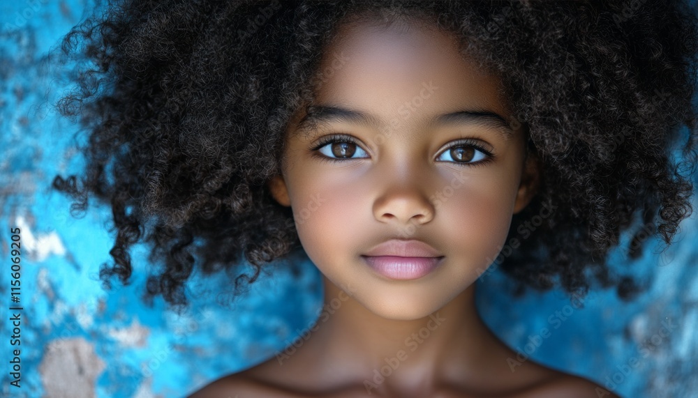 A young girl with curly hair stands confidently against a blue backdrop, radiating joy A young girl with curly hair stands confidently against a blue backdrop, radiating joy