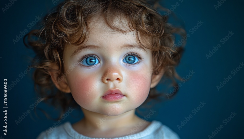A young child stands still, looking up with wide, blue eyes, surrounded by soft light A young child stands still, looking up with wide, blue eyes, surrounded by soft light