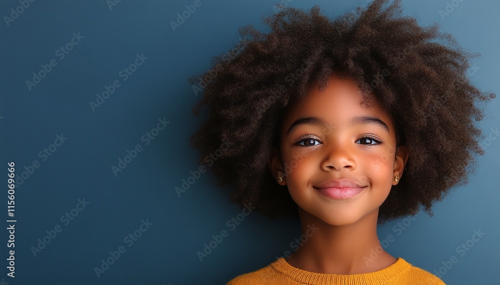 A cheerful girl with curly hair poses with joy in front of a blue backdrop A cheerful girl with curly hair poses with joy in front of a blue backdrop