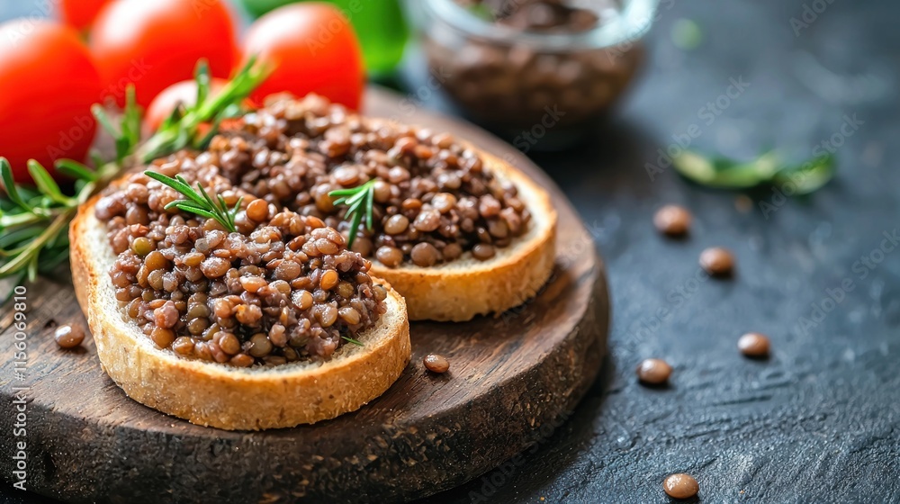 Lentil pate crostini with rosemary on wooden board. Lentil pate crostini with rosemary on wooden board.