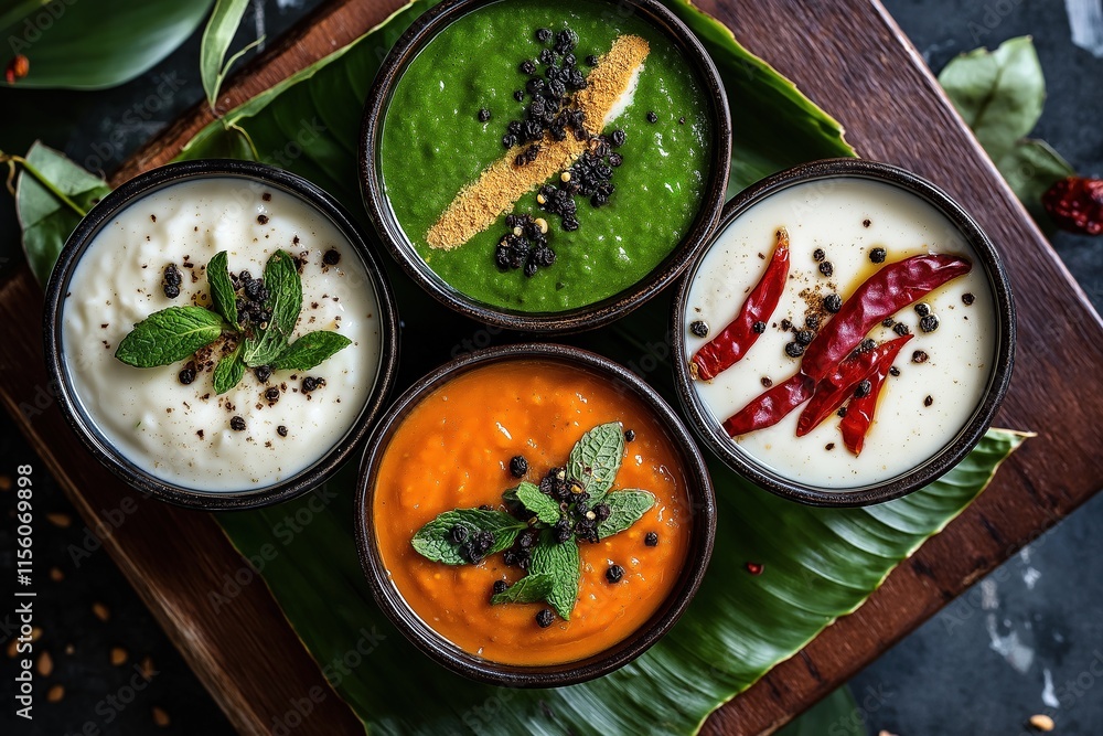 Vibrant South Indian Chutneys on Banana Leaf with Garnish captured in Rustic Culinary Style Vibrant South Indian Chutneys on Banana Leaf with Garnish captured in Rustic Culinary Style