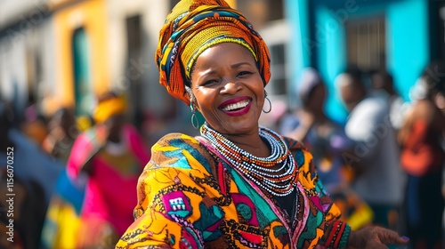 Happy African Woman Wearing Vibrant Traditional Clothing