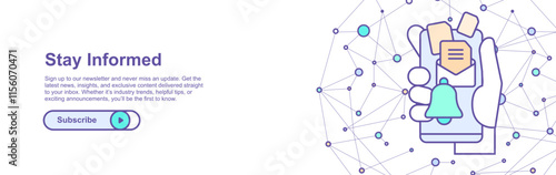 Subscribe to newsletter and news alerts banner template with hand holding smartphone, connected dots, global big data, mobile display device