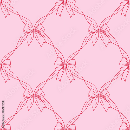 Seamless pattern with linear hand drawn satin bow knots. Repeated pattern design for Valentine s day, birthdays, weddings, wrapping paper. Vector illustration of coquette vintage narrow ribbon bows.
