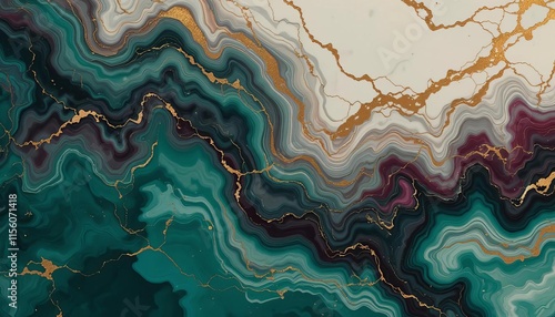 An abstract liquid marble pattern in rich tones of emerald green, deep burgundy, and ivory, with veins of metallic gold running fluidly through the design, creating a luxurious, glossy, and dynamic 