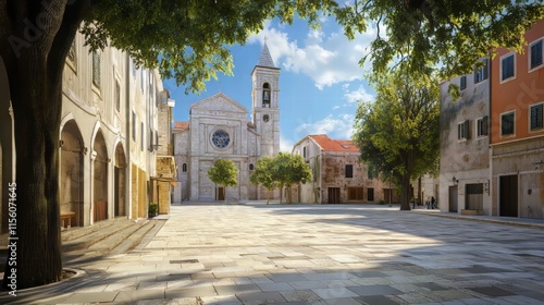 Tranquil town square with cathedral