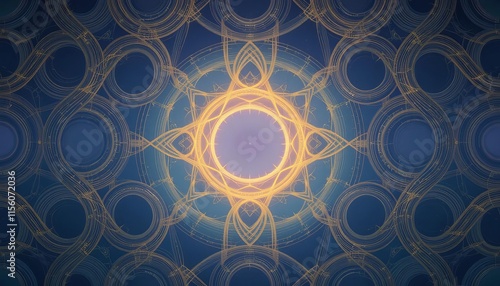 An abstract pattern of interlocking circular shapes in hues of golden yellow, teal, and lavender, with a soft glow, resembling planetary orbits or celestial rings against a gradient of twilight blues 