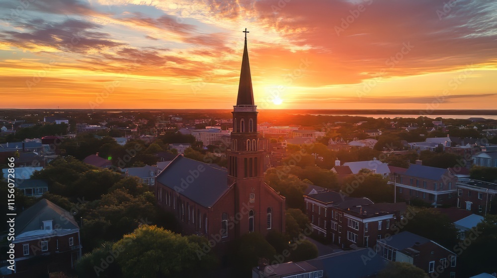 Fototapeta premium Sunset over city church steeple
