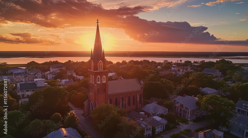 Fototapeta premium Sunset over town with church steeple
