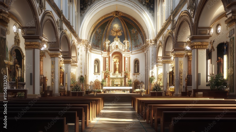 Naklejka premium Serene church interior, sunlight streams in