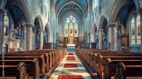 Tranquil church interior, peaceful space