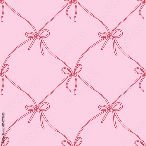 Seamless pattern with thin bow knots, gift ribbons in checkered composition. Trendy hair braiding accessory. Hand drawn vector illustration. Valentine s day coquette background.