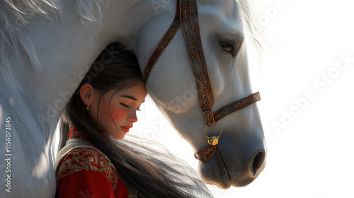 An artistic render of a girl leaning close to a glossy silver-gray horse, her clothing in bold shades of crimson with golden highlights, horseâ€™s mane in striking icy white tones photo