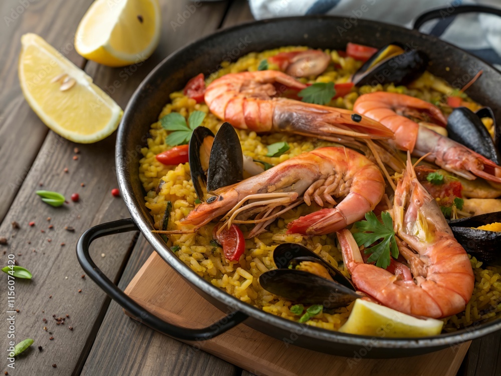 The image depicts a seafood paella in a black skillet, topped with shrimp, mussels, and vegetables. There are also lemon wedges on the side. The image depicts a seafood paella in a black skillet, topped with shrimp, mussels, and vegetables. There are also lemon wedges on the side.