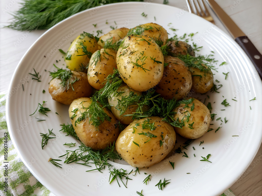 The image shows a white plate with a pile of boiled potatoes topped with dill, next to a green and white checkered cloth, a fork, and a knife. The image shows a white plate with a pile of boiled potatoes topped with dill, next to a green and white checkered cloth, a fork, and a knife.