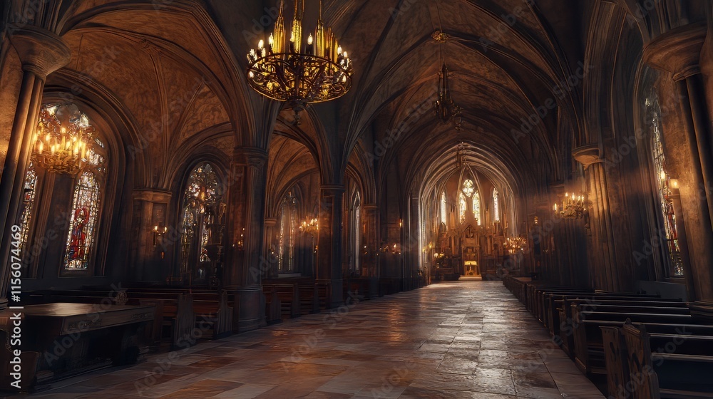 Grand cathedral interior, sunlight streams in Grand cathedral interior, sunlight streams in